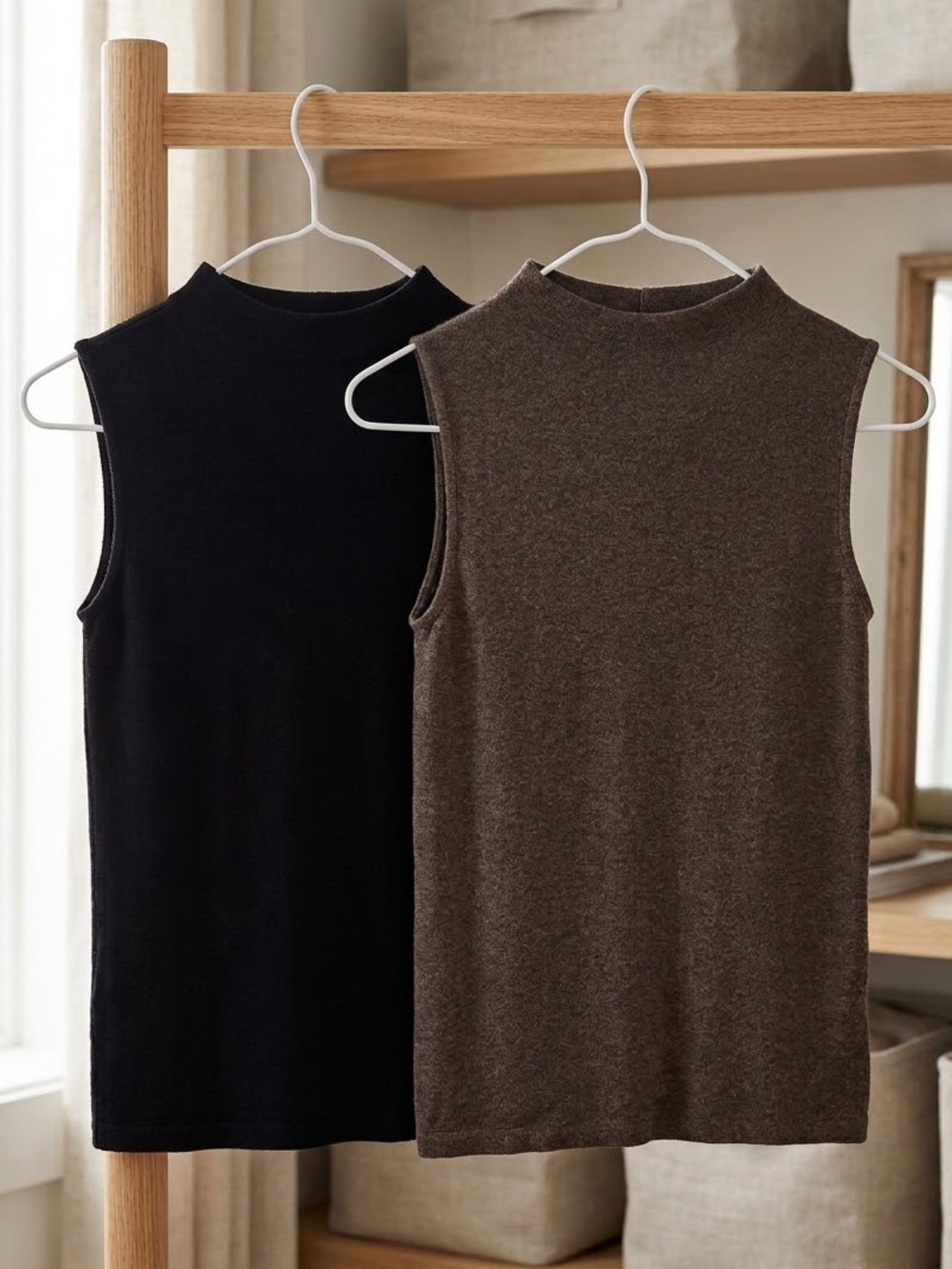 Two Pack Everlane Sleeveless Mock Neck Knit Tank in Black & Brown